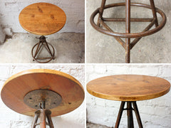 A Good Adjustable Mid 20thC Cast Iron & Pine Industrial Stool / Side Table