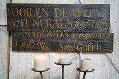 A Fragmentary Early-Victorian Painted Pine Drapers & Undertakers Sign c.1850-60