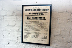 A Framed & Glazed Great Western Railway Locomotive Carriage & Wagon Department Poster on the use of Eye Protectors c.1922
