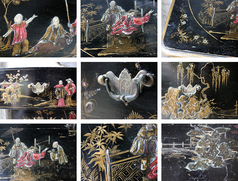 A Beautiful Late 19thC Black Japanned & Chinoiserie Decorated Chest of Drawers