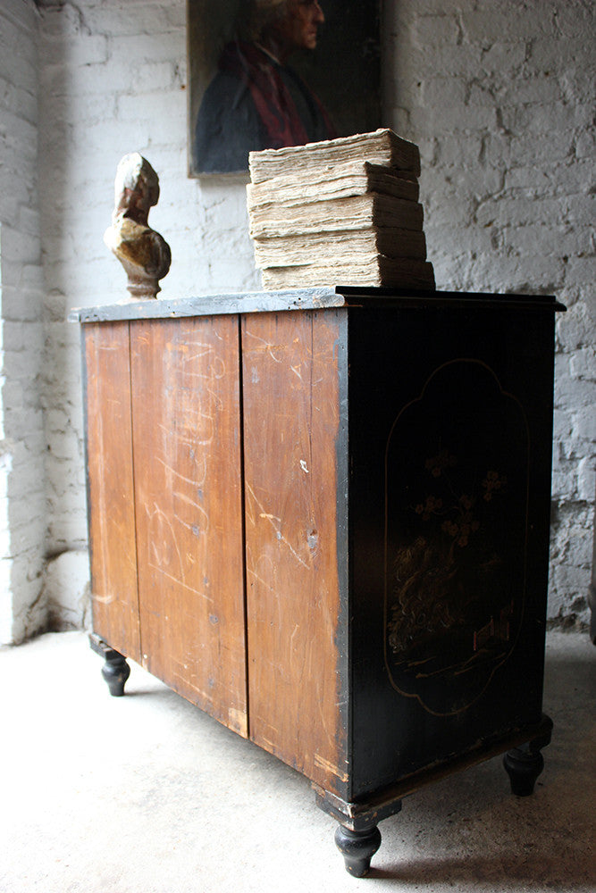 A Beautiful Late 19thC Black Japanned & Chinoiserie Decorated Chest of Drawers
