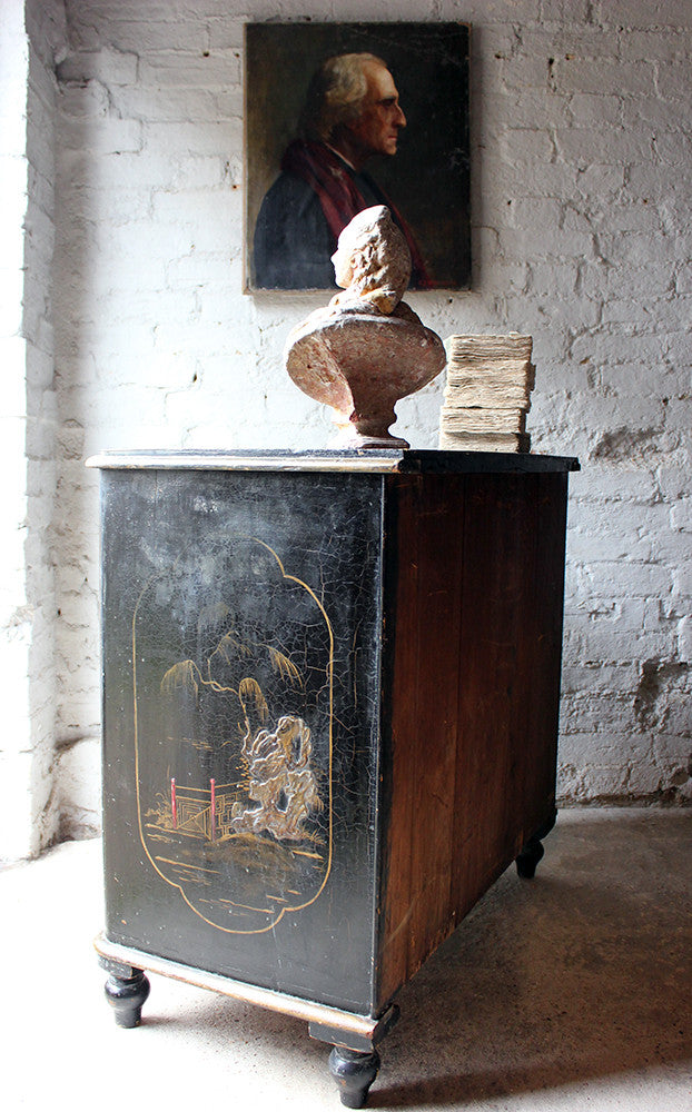 A Beautiful Late 19thC Black Japanned & Chinoiserie Decorated Chest of Drawers