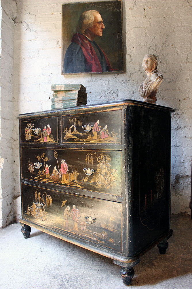 A Beautiful Late 19thC Black Japanned & Chinoiserie Decorated Chest of Drawers