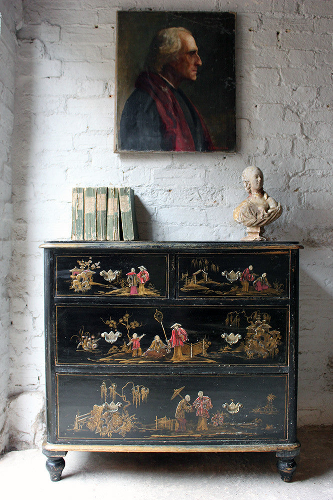 A Beautiful Late 19thC Black Japanned & Chinoiserie Decorated Chest of Drawers