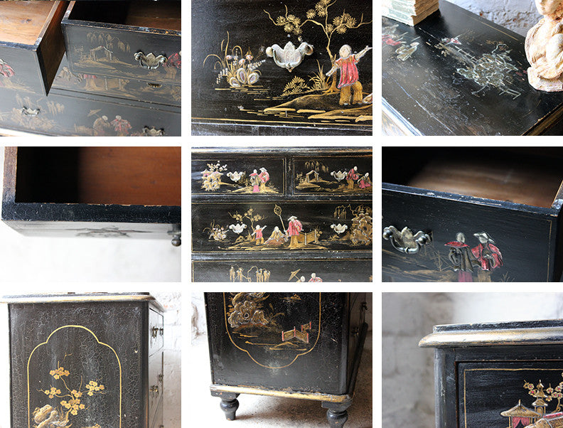 A Beautiful Late 19thC Black Japanned & Chinoiserie Decorated Chest of Drawers