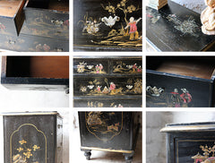 A Beautiful Late 19thC Black Japanned & Chinoiserie Decorated Chest of Drawers