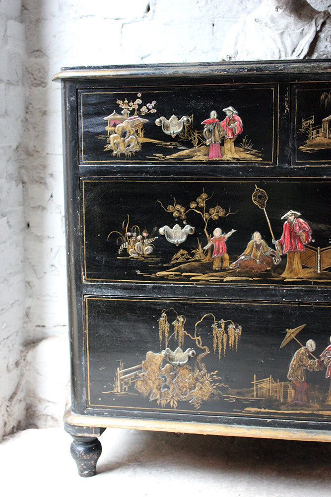 A Beautiful Late 19thC Black Japanned & Chinoiserie Decorated Chest of Drawers