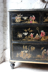 A Beautiful Late 19thC Black Japanned & Chinoiserie Decorated Chest of Drawers