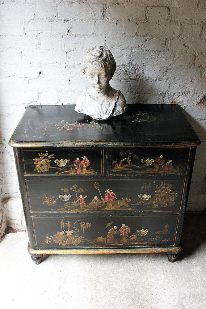 A Beautiful Late 19thC Black Japanned & Chinoiserie Decorated Chest of Drawers