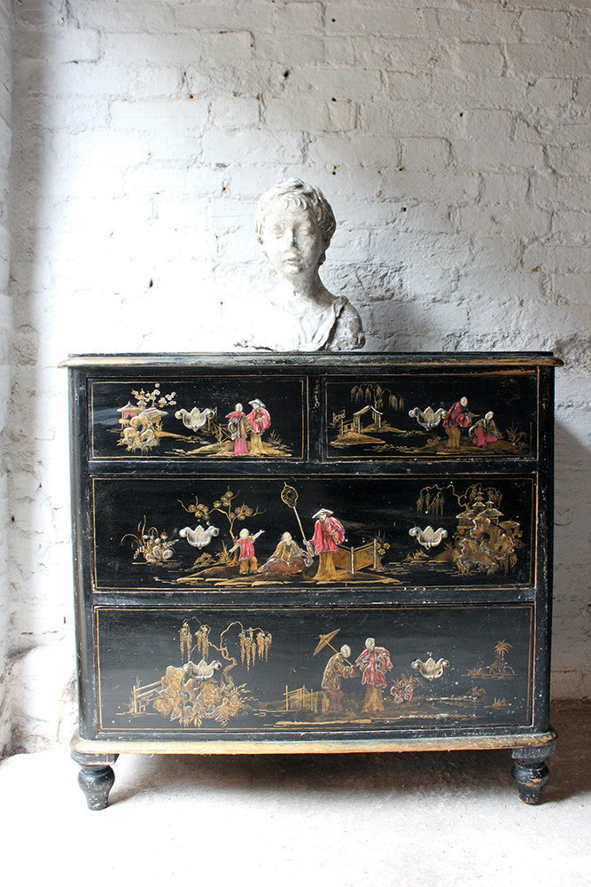 A Beautiful Late 19thC Black Japanned & Chinoiserie Decorated Chest of Drawers