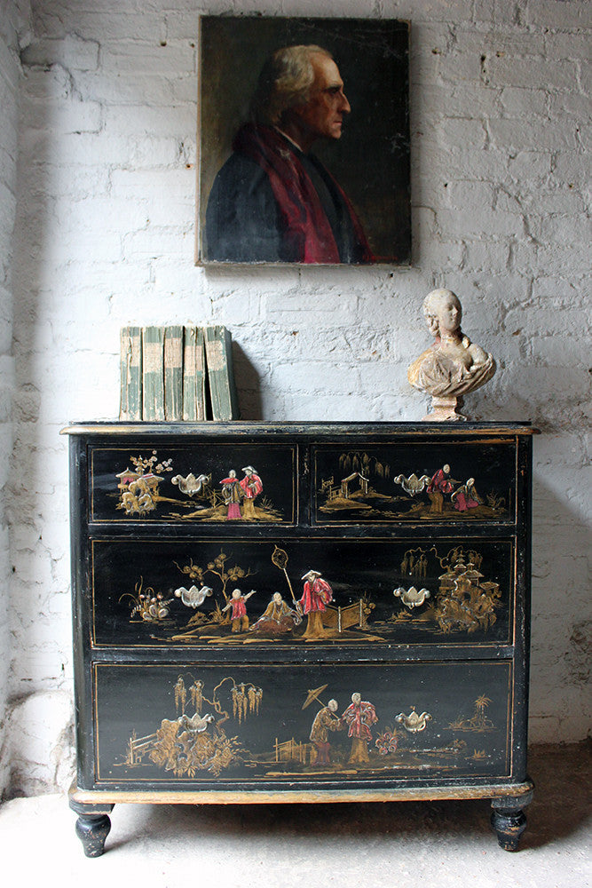 A Beautiful Late 19thC Black Japanned & Chinoiserie Decorated Chest of Drawers