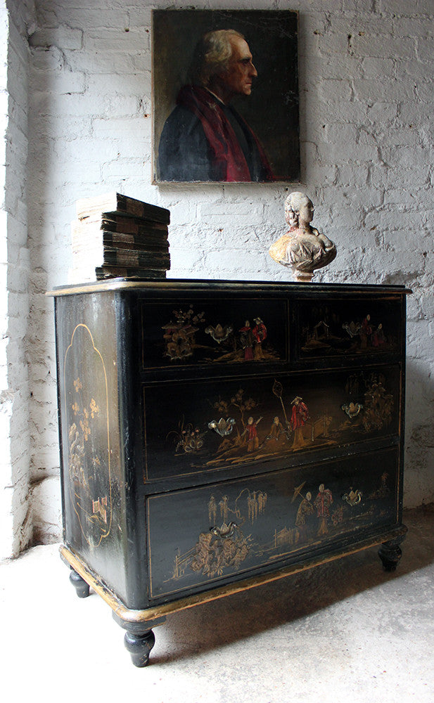 A Beautiful Late 19thC Black Japanned & Chinoiserie Decorated Chest of Drawers