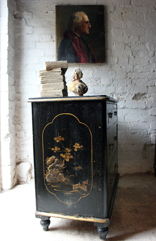 A Beautiful Late 19thC Black Japanned & Chinoiserie Decorated Chest of Drawers