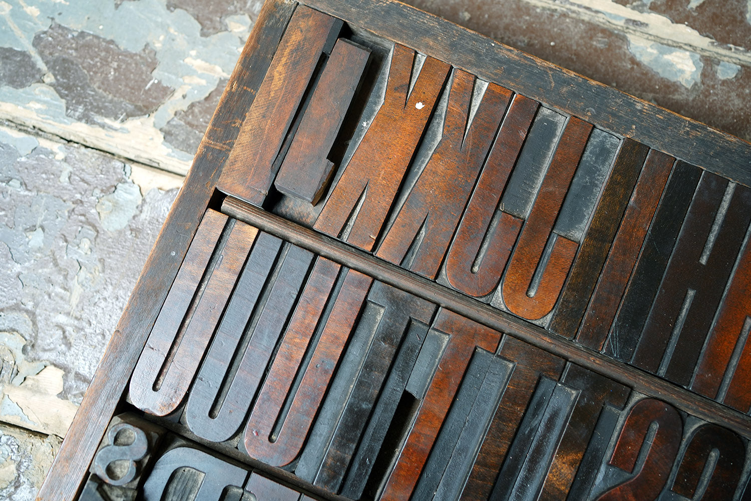 A 19thC Alphabet Tray of Wooden Letterpress Printing Blocks c.1895