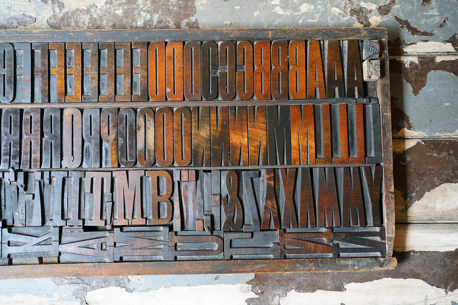 A 19thC Alphabet Tray of Wooden Letterpress Printing Blocks c.1895