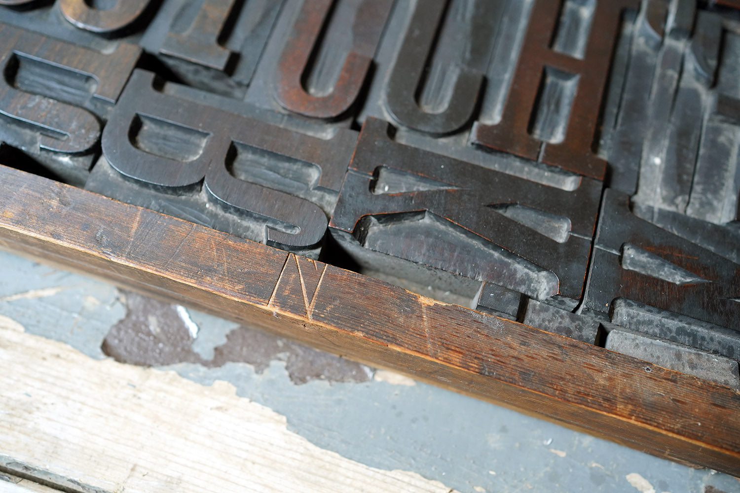 A 19thC Alphabet Tray of Wooden Letterpress Printing Blocks c.1895