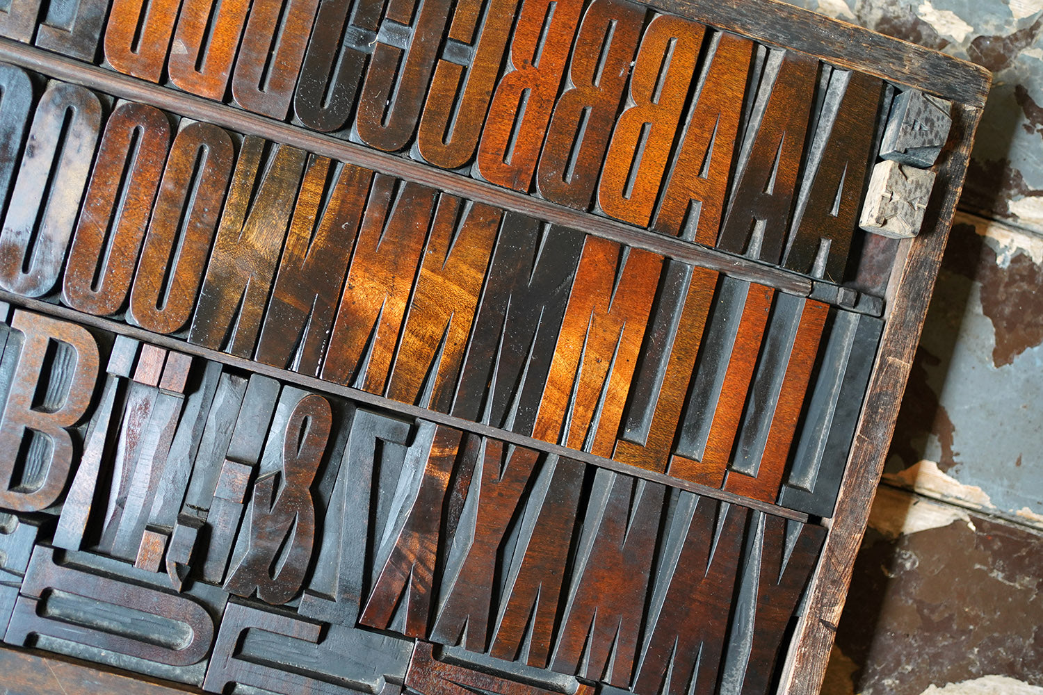 A 19thC Alphabet Tray of Wooden Letterpress Printing Blocks c.1895