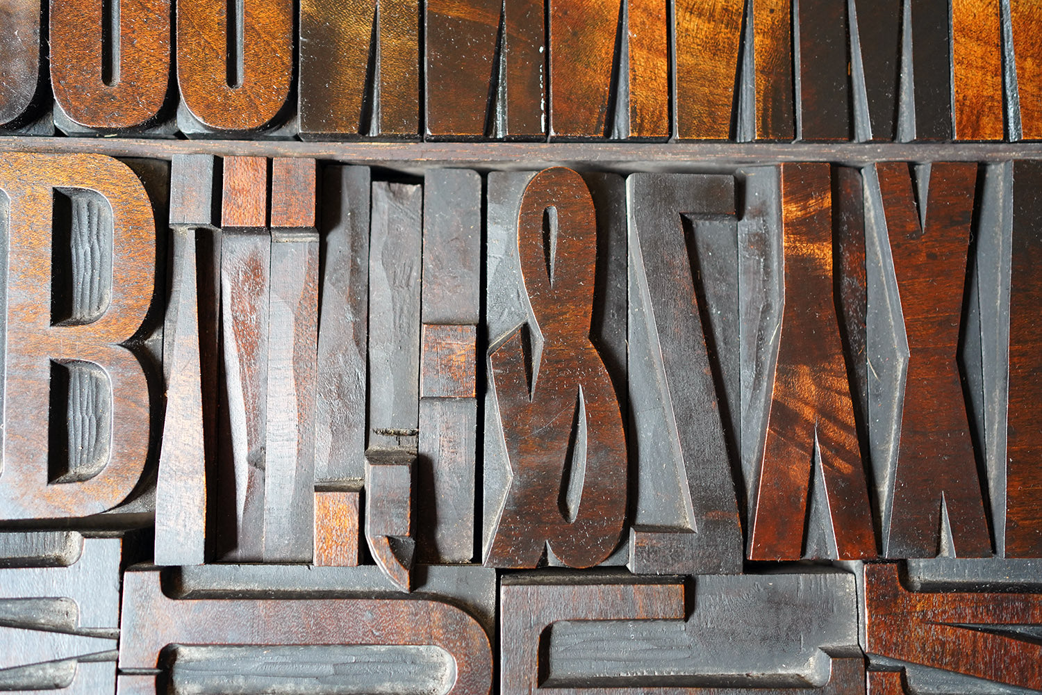 A 19thC Alphabet Tray of Wooden Letterpress Printing Blocks c.1895