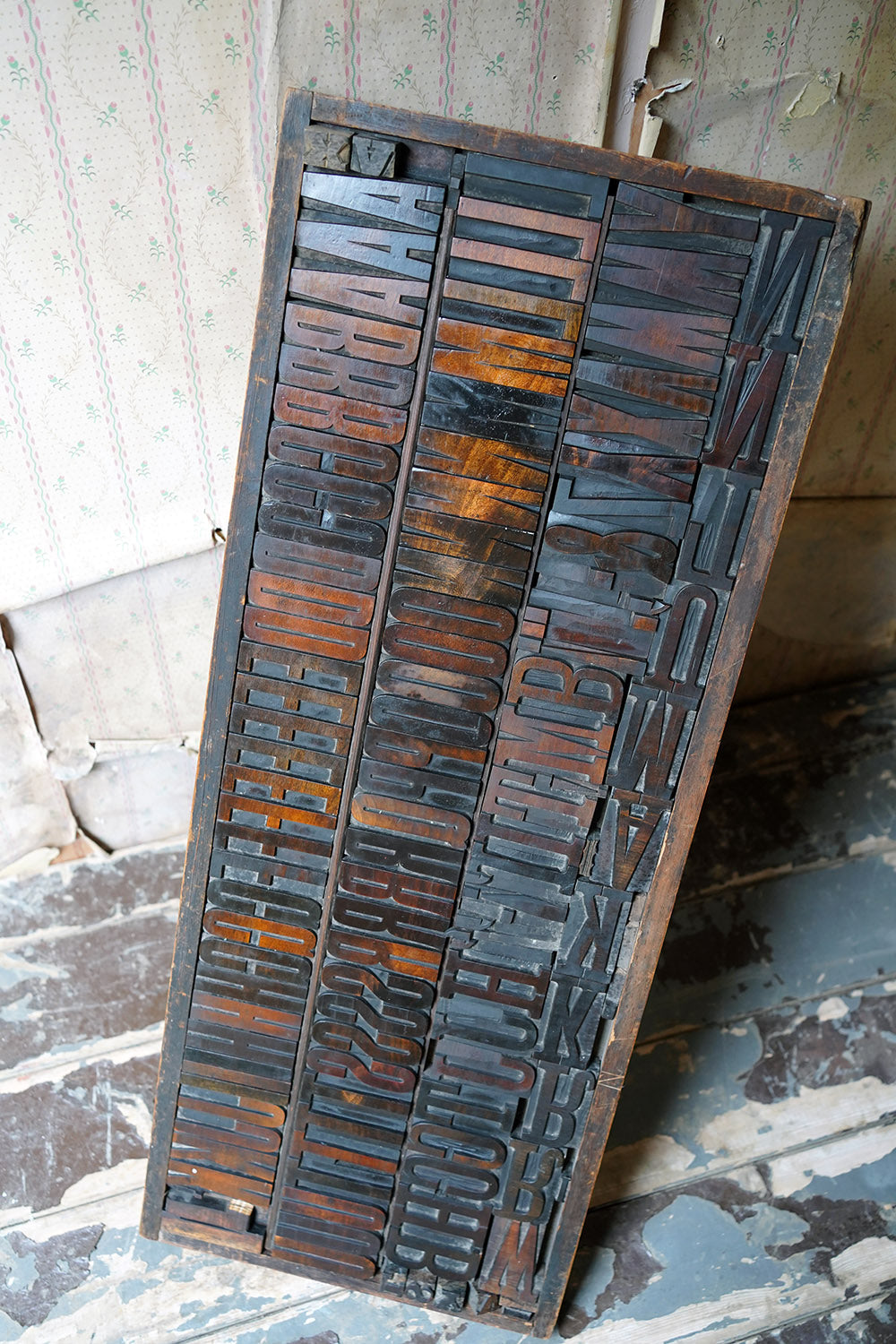 A 19thC Alphabet Tray of Wooden Letterpress Printing Blocks c.1895