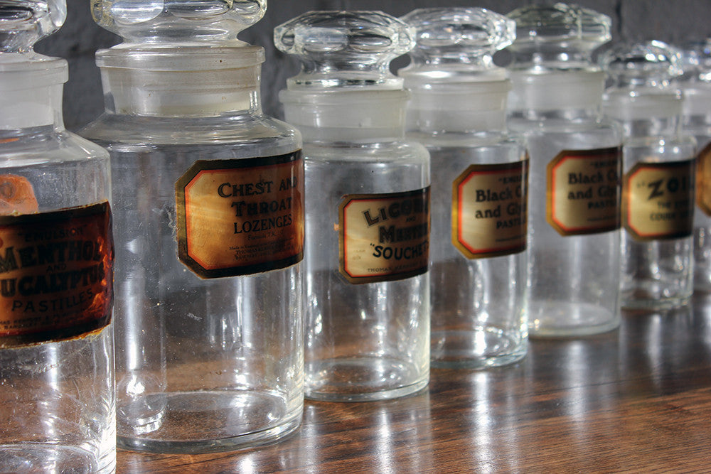 A Fantastic Group of Nine Early 20thC Clear Glass Chemist's Jars