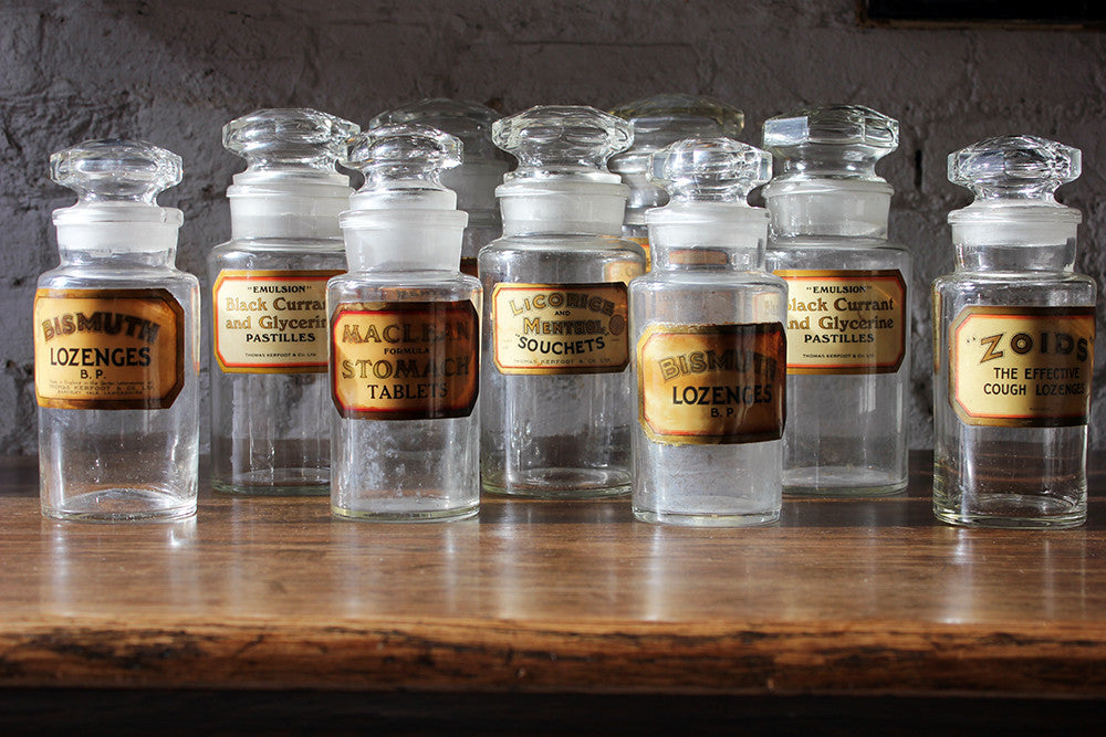 A Fantastic Group of Nine Early 20thC Clear Glass Chemist's Jars