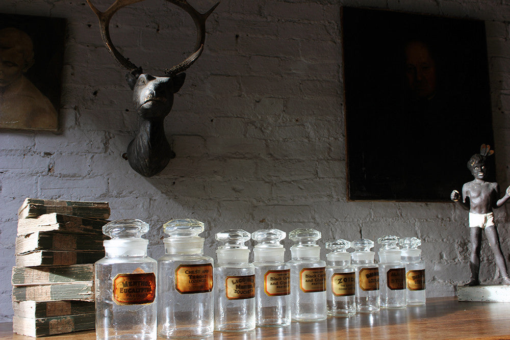 A Fantastic Group of Nine Early 20thC Clear Glass Chemist's Jars