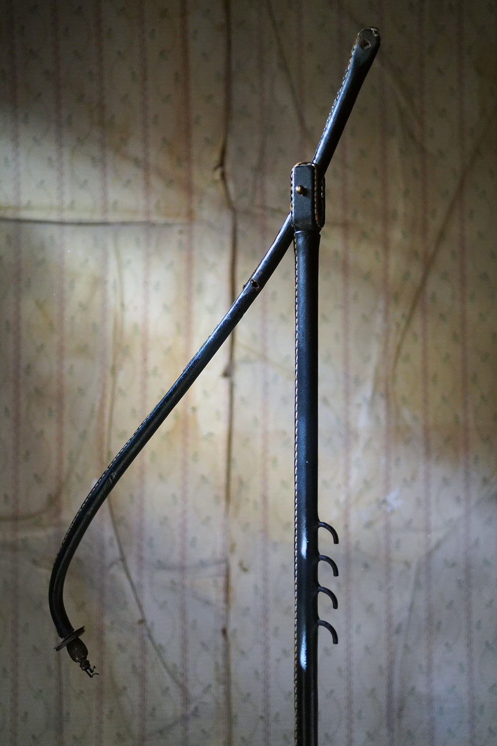 A French Stitched Black Leather Cantilever Adjustable Floor Lamp by Jacques Adnet c.1950