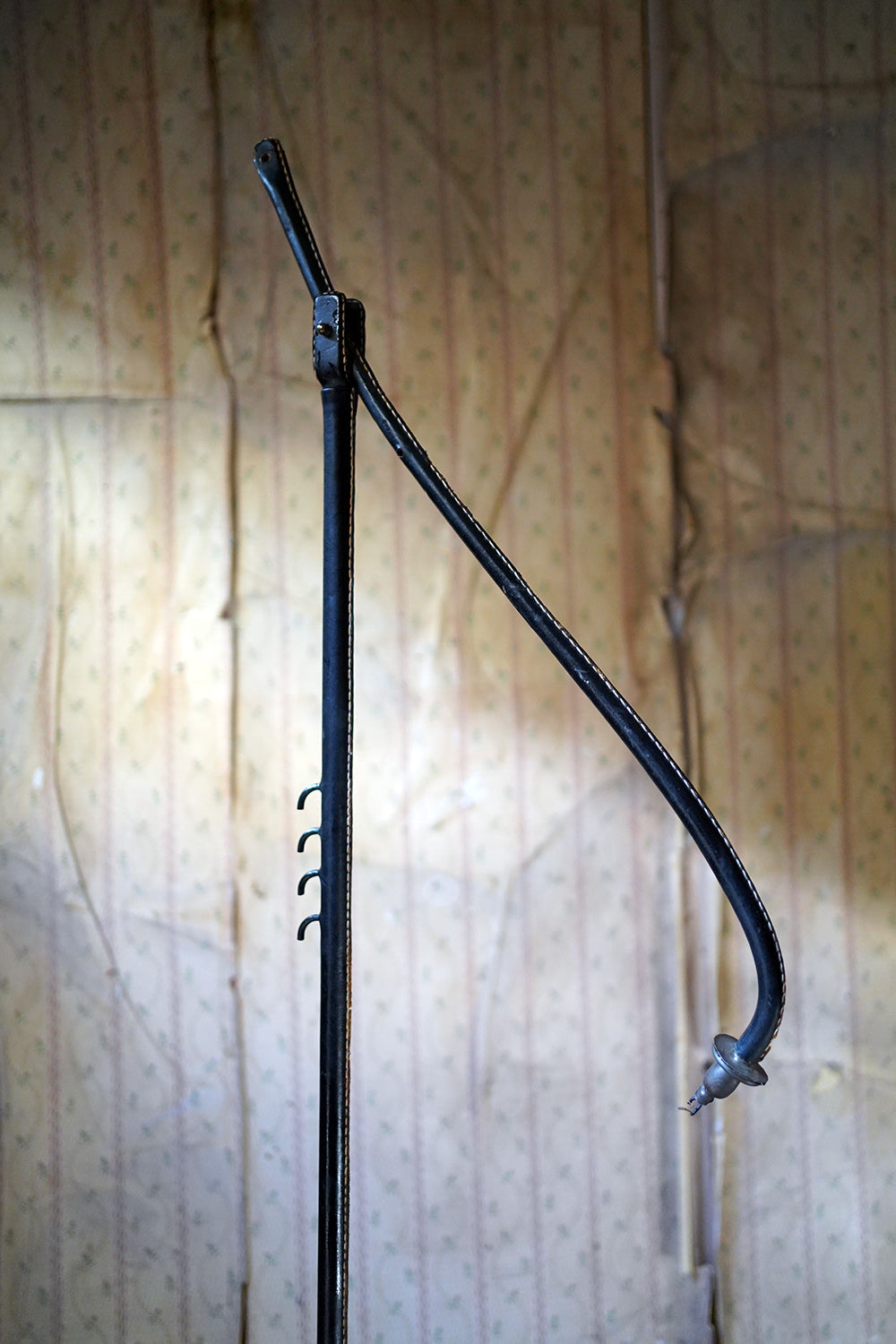 A French Stitched Black Leather Cantilever Adjustable Floor Lamp by Jacques Adnet c.1950