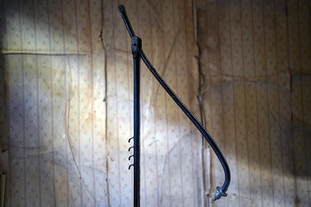 A French Stitched Black Leather Cantilever Adjustable Floor Lamp by Jacques Adnet c.1950