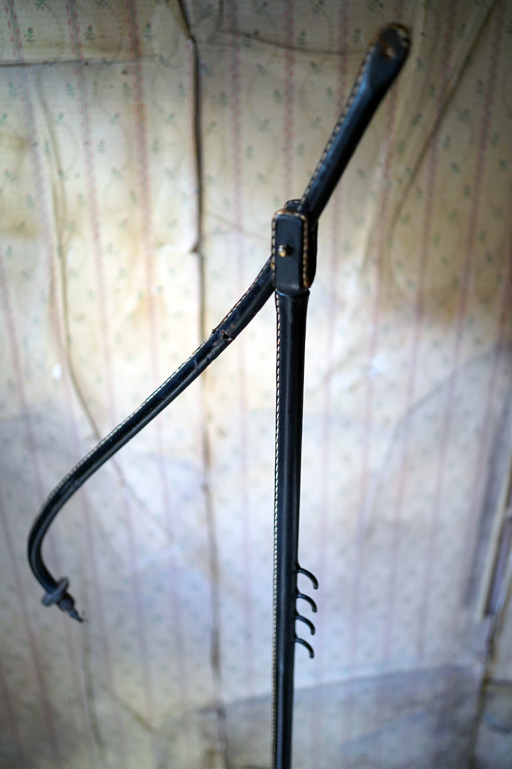 A French Stitched Black Leather Cantilever Adjustable Floor Lamp by Jacques Adnet c.1950