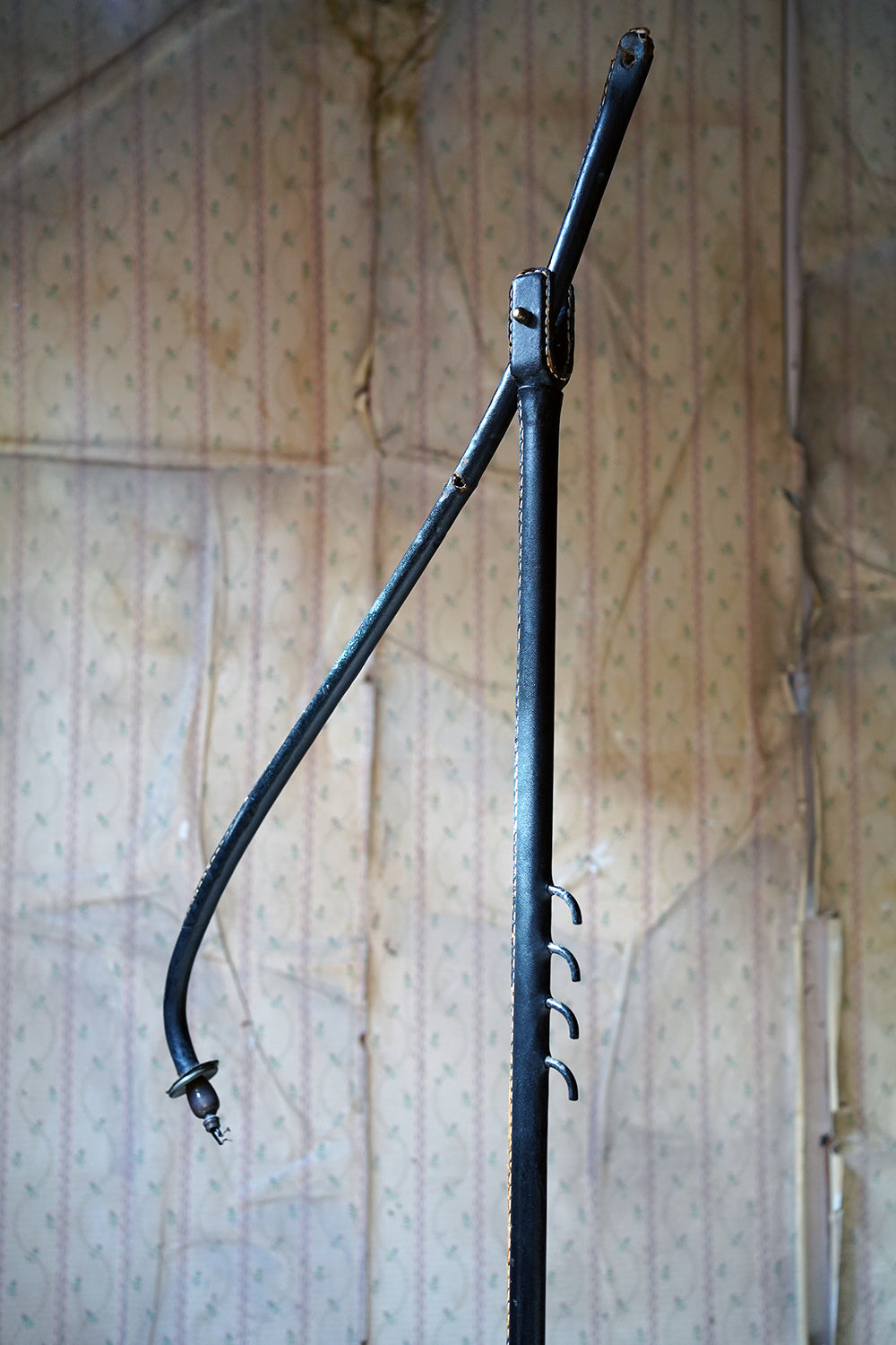 A French Stitched Black Leather Cantilever Adjustable Floor Lamp by Jacques Adnet c.1950
