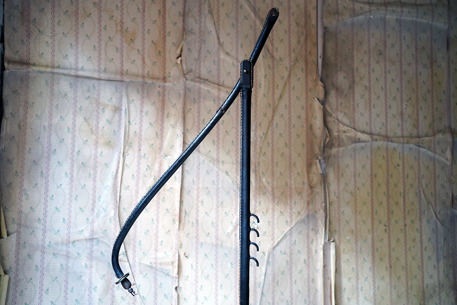 A French Stitched Black Leather Cantilever Adjustable Floor Lamp by Jacques Adnet c.1950