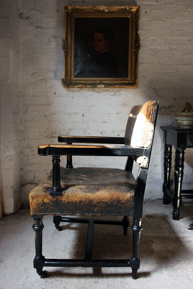 A Good Victorian Aesthetic Movement Ebonised & Leather Upholstered Armchair c.1880