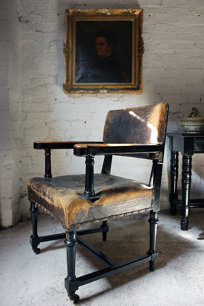 A Good Victorian Aesthetic Movement Ebonised & Leather Upholstered Armchair c.1880