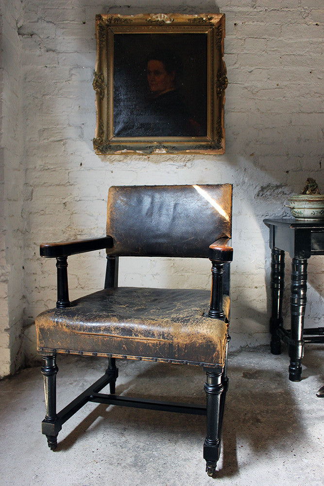A Good Victorian Aesthetic Movement Ebonised & Leather Upholstered Armchair c.1880