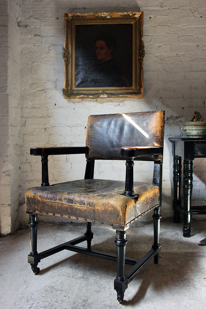 A Good Victorian Aesthetic Movement Ebonised & Leather Upholstered Armchair c.1880