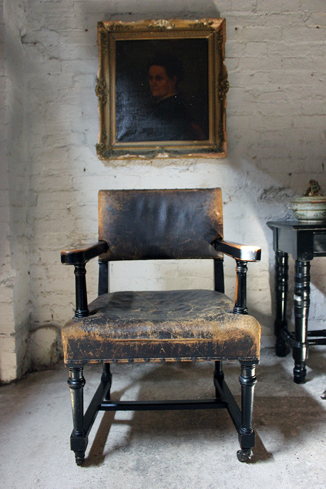A Good Victorian Aesthetic Movement Ebonised & Leather Upholstered Armchair c.1880