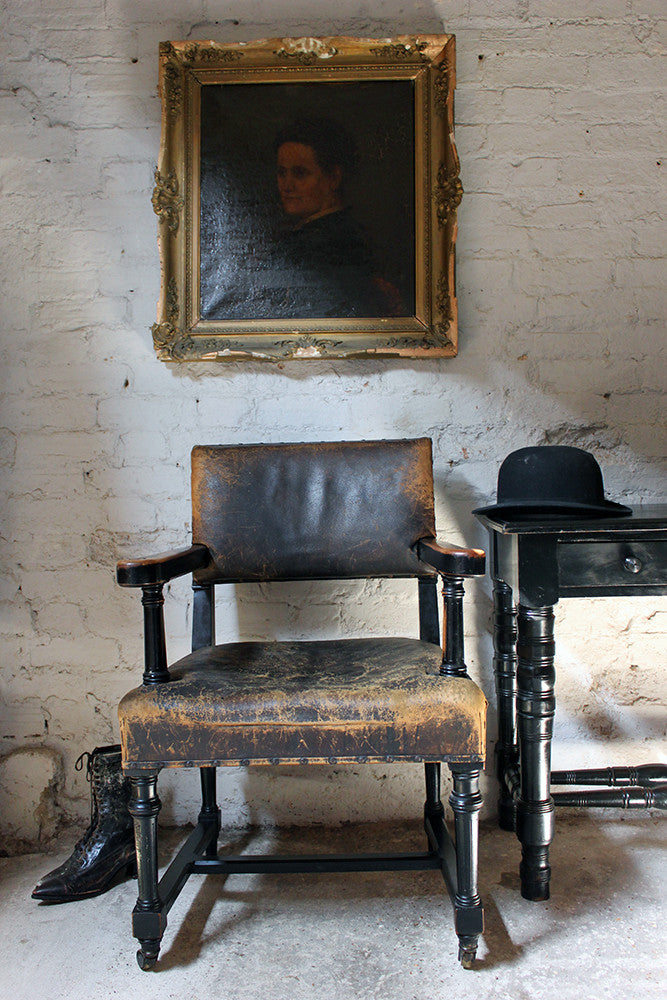 A Good Victorian Aesthetic Movement Ebonised & Leather Upholstered Armchair c.1880