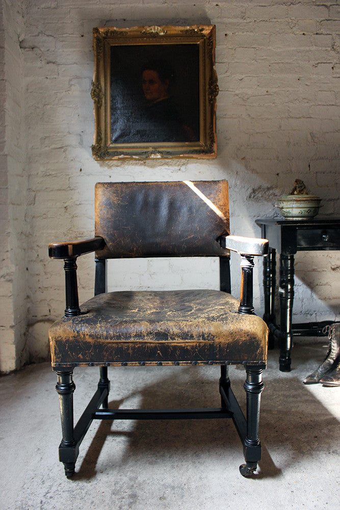 A Good Victorian Aesthetic Movement Ebonised & Leather Upholstered Armchair c.1880