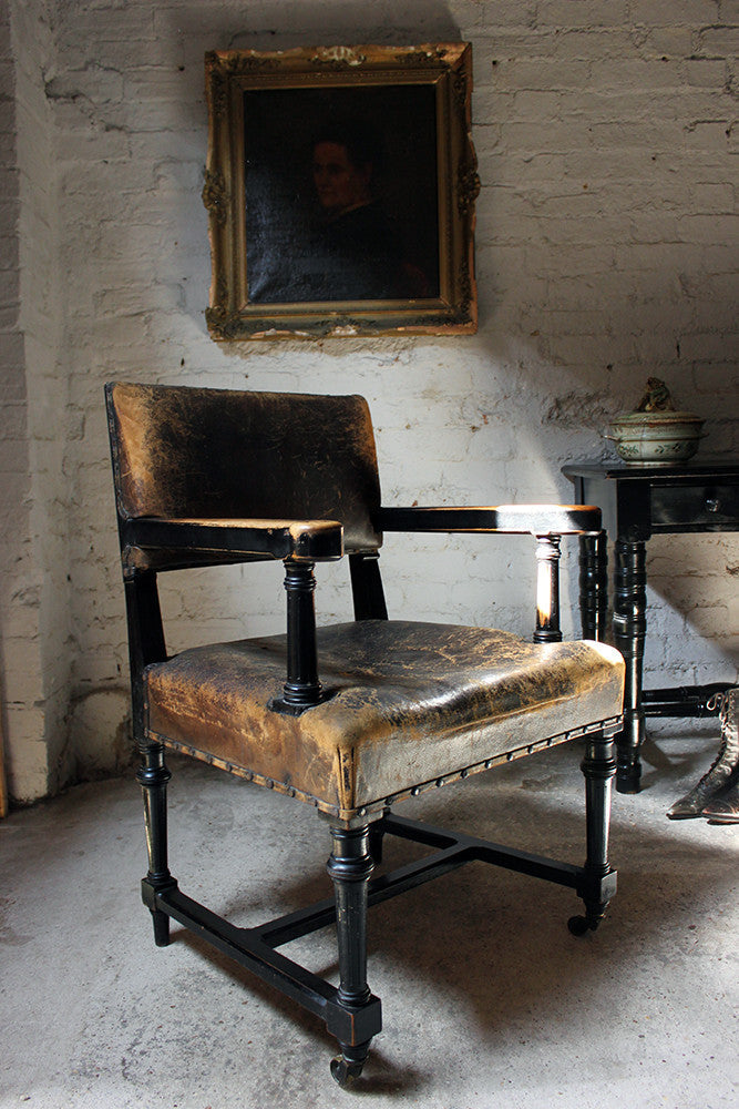A Good Victorian Aesthetic Movement Ebonised & Leather Upholstered Armchair c.1880