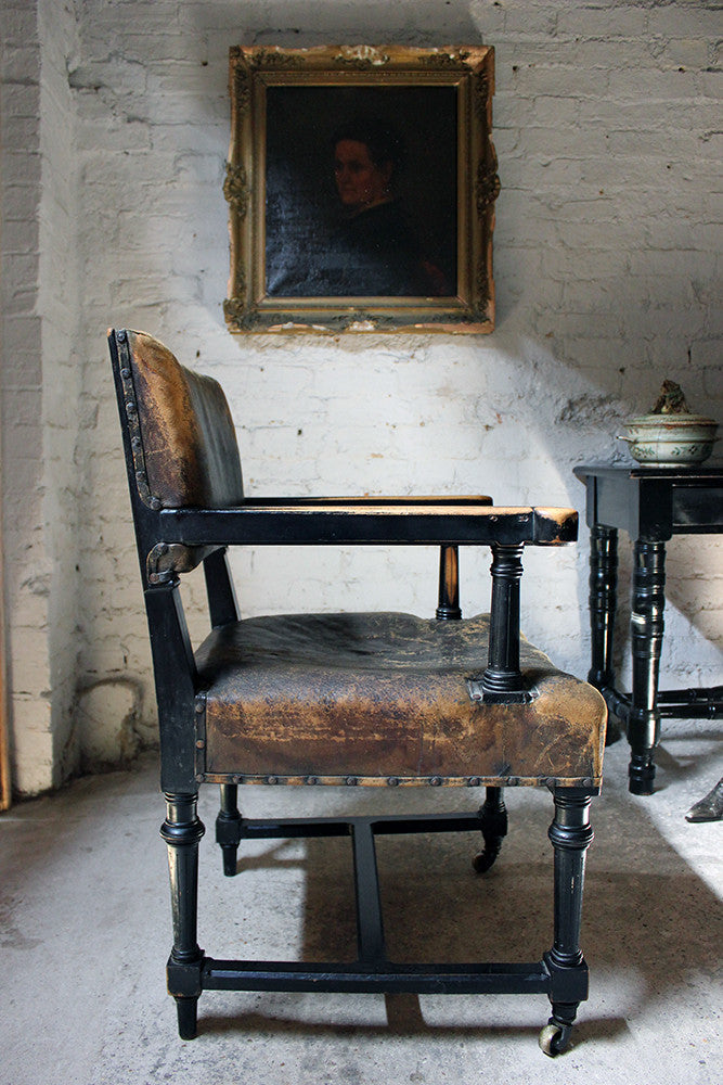 A Good Victorian Aesthetic Movement Ebonised & Leather Upholstered Armchair c.1880