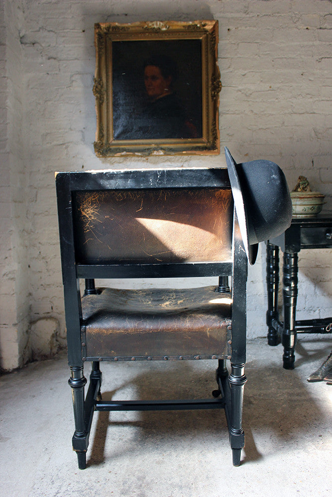 A Good Victorian Aesthetic Movement Ebonised & Leather Upholstered Armchair c.1880