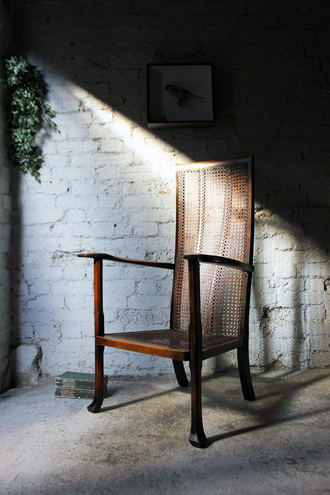 A Good Quality Early 20thC Arts & Crafts Period High-Back Oak & Wicker Upholstered Open Armchair c.1900-15