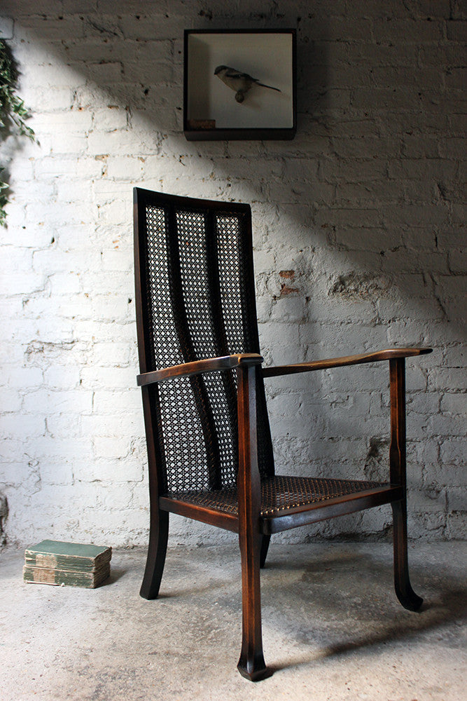 A Good Quality Early 20thC Arts & Crafts Period High-Back Oak & Wicker Upholstered Open Armchair c.1900-15