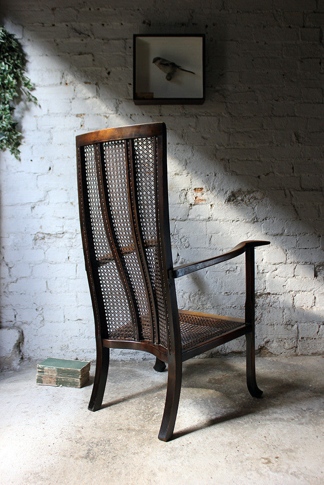 A Good Quality Early 20thC Arts & Crafts Period High-Back Oak & Wicker Upholstered Open Armchair c.1900-15