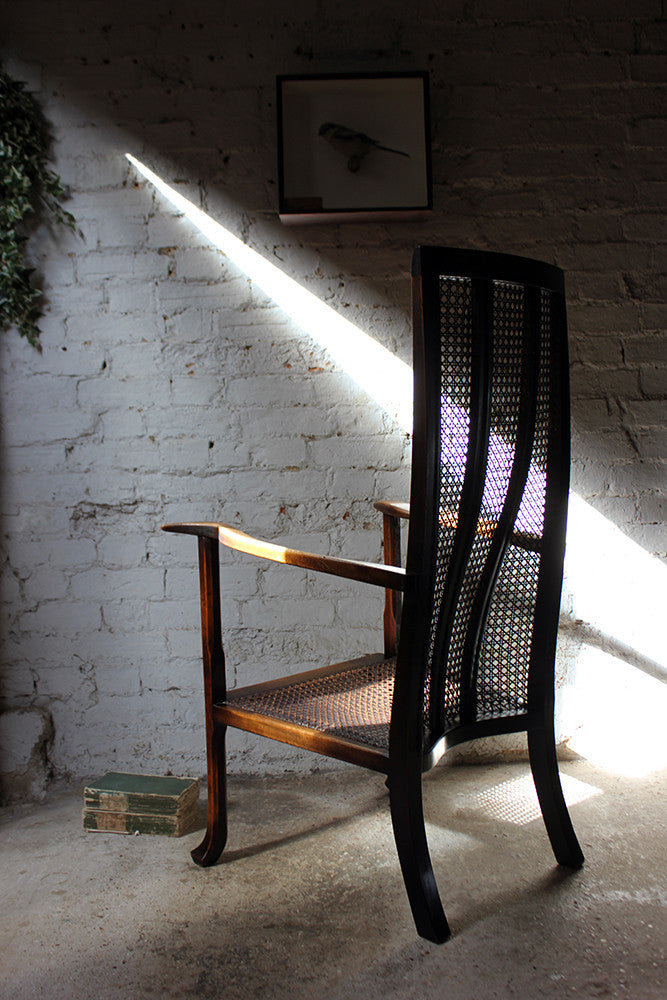 A Good Quality Early 20thC Arts & Crafts Period High-Back Oak & Wicker Upholstered Open Armchair c.1900-15