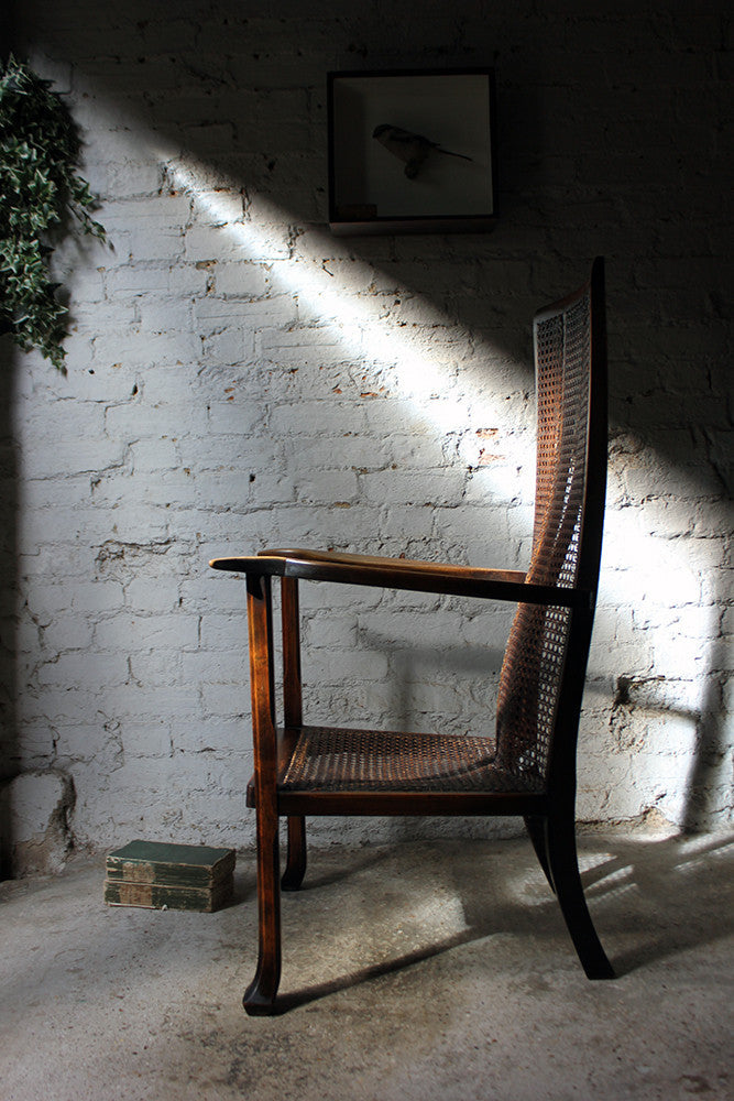 A Good Quality Early 20thC Arts & Crafts Period High-Back Oak & Wicker Upholstered Open Armchair c.1900-15