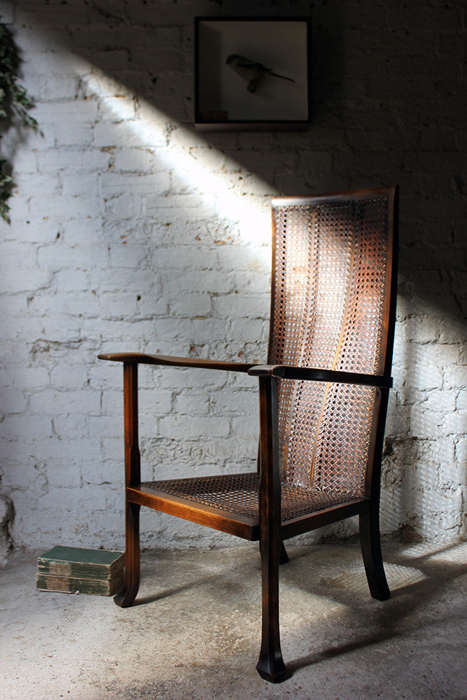 A Good Quality Early 20thC Arts & Crafts Period High-Back Oak & Wicker Upholstered Open Armchair c.1900-15