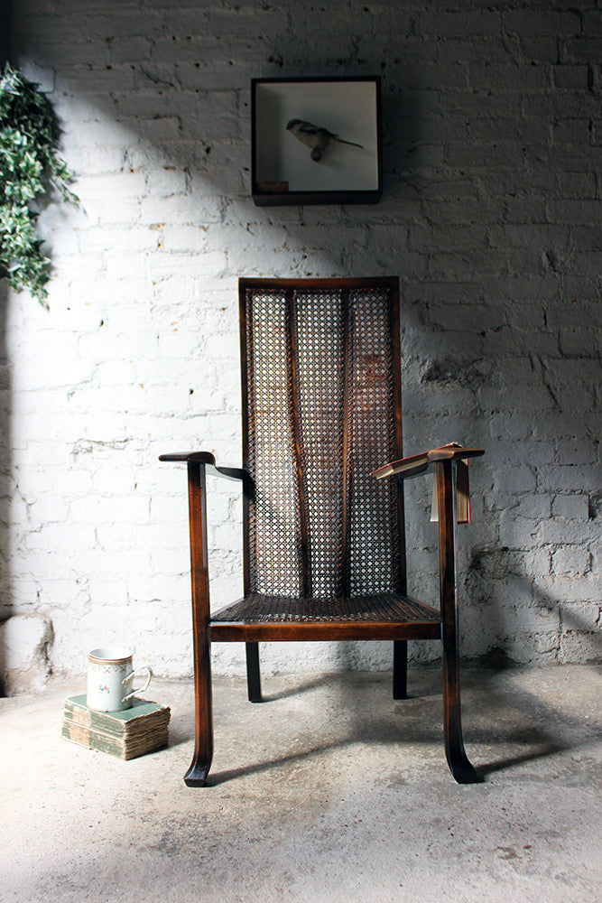 A Good Quality Early 20thC Arts & Crafts Period High-Back Oak & Wicker Upholstered Open Armchair c.1900-15