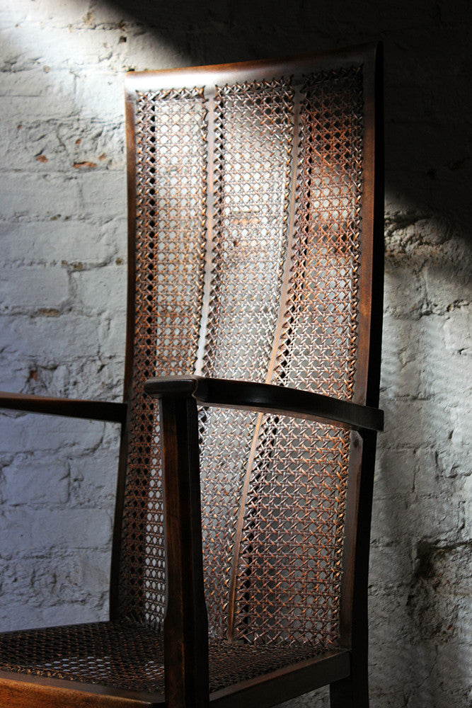 A Good Quality Early 20thC Arts & Crafts Period High-Back Oak & Wicker Upholstered Open Armchair c.1900-15